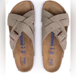NWT Birkenstock  Lugano Soft Footbed Suede Leather Taupe Sandals Men’s Sz 44/11